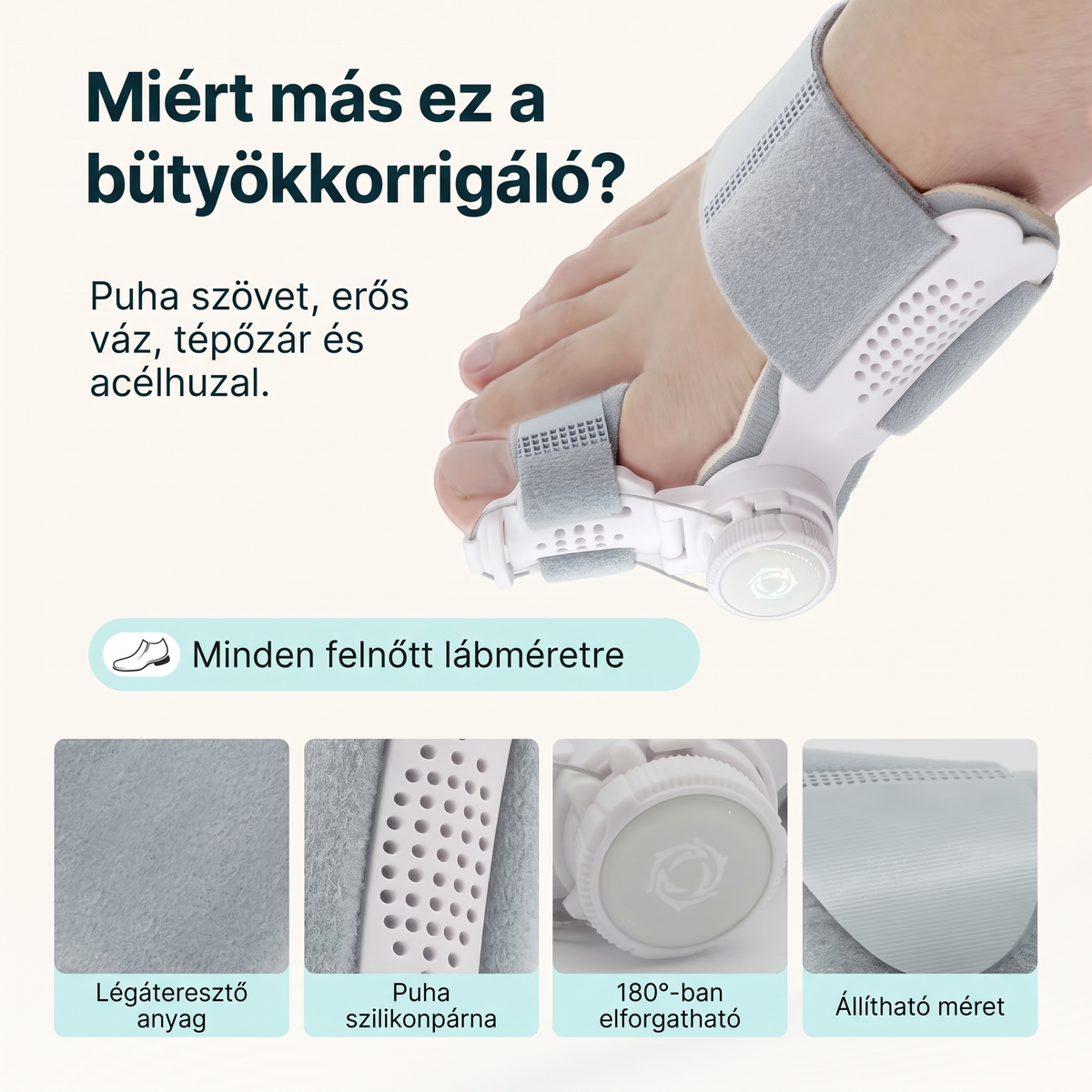 A bütyökkorrigáló részletei: légáteresztő anyag, szilikonpárna, forgatható tekerő, állítható méret