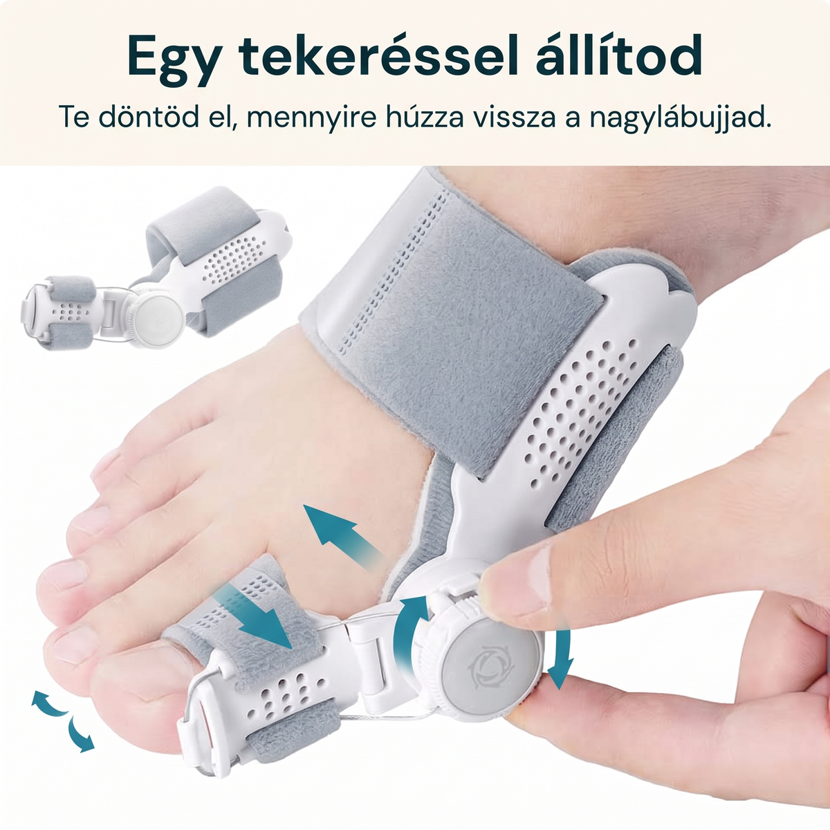 Kéz állítja a bütyökkorrigáló tekerőjét a lábon