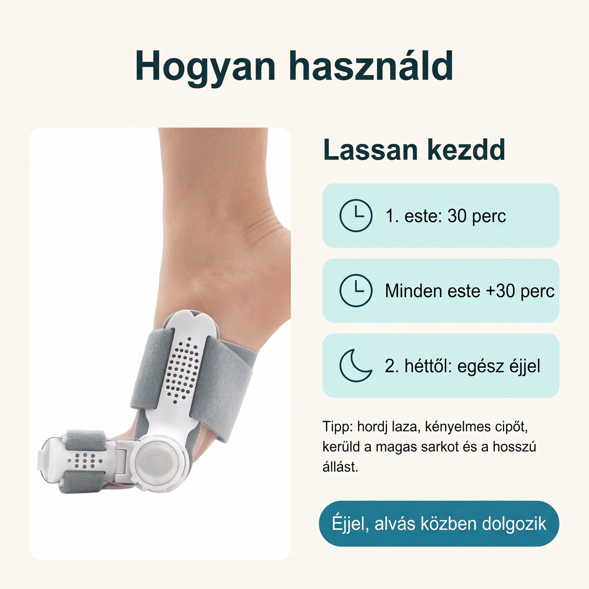 Fokozatos viselési útmutató a bütyökkorrigálóhoz