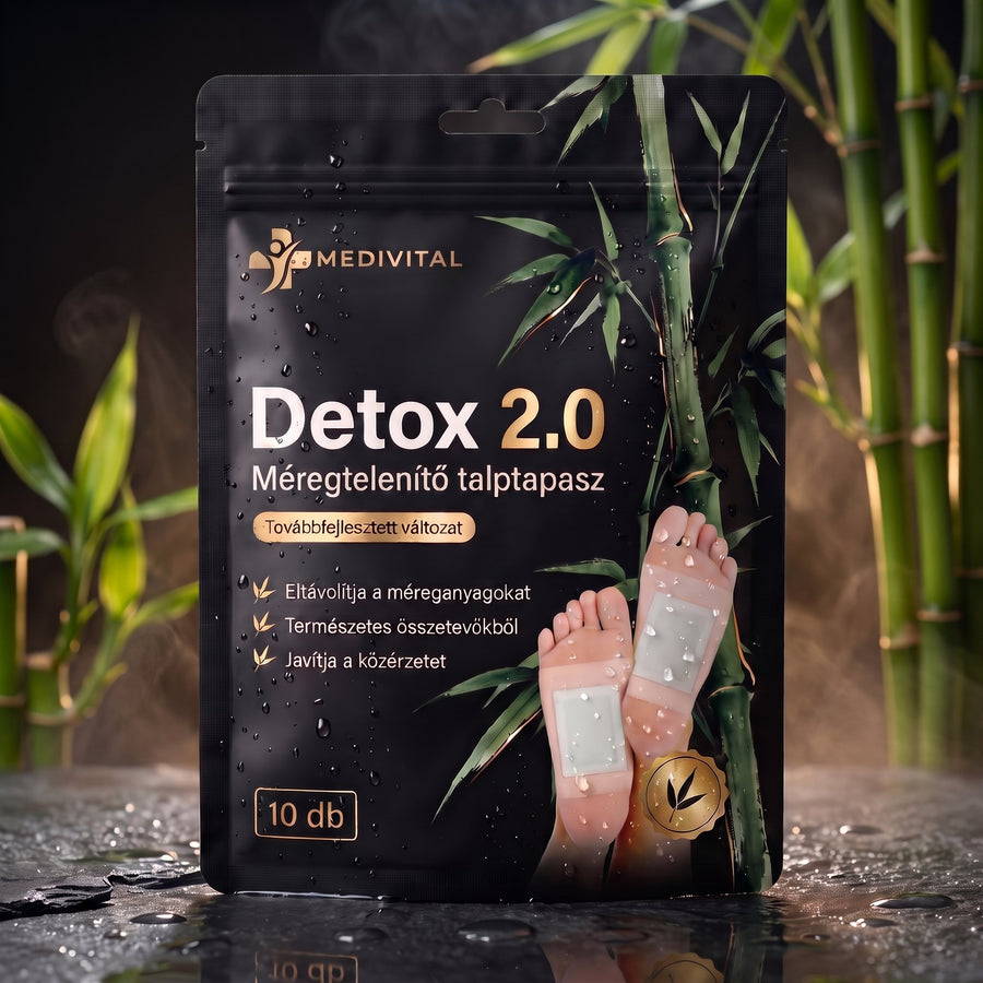 Medivital Detox 2.0 méregtelenítő talptapasz csomagja sötét háttér előtt, bambusszal