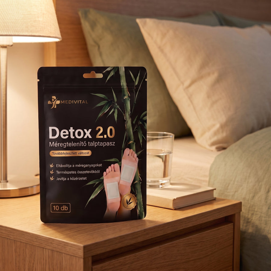 Detox 2.0 csomag az éjjeliszekrényen, esti lámpafénynél