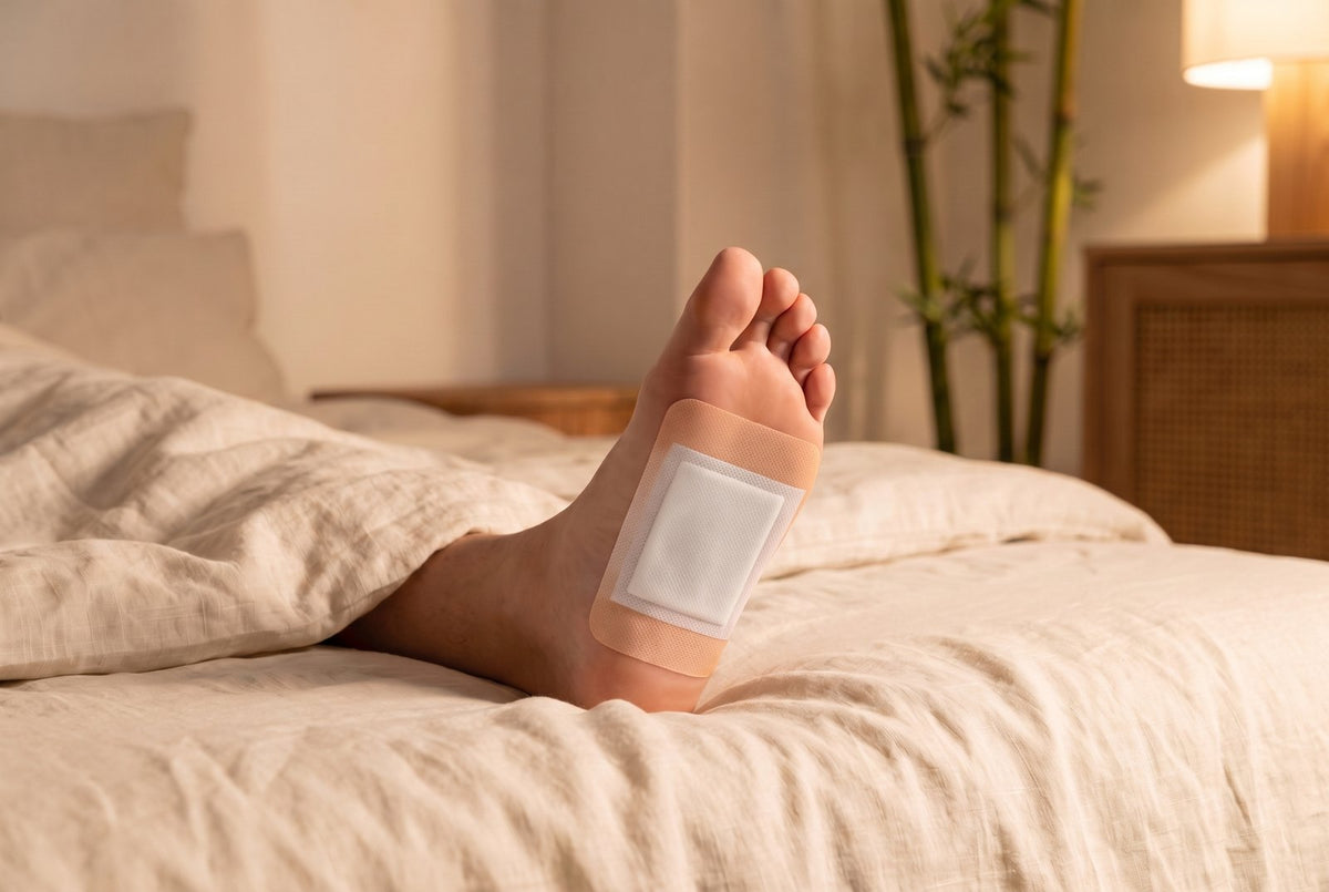 Felnőtt talpa a felragasztott Detox 2.0 tapasszal az ágyon, este