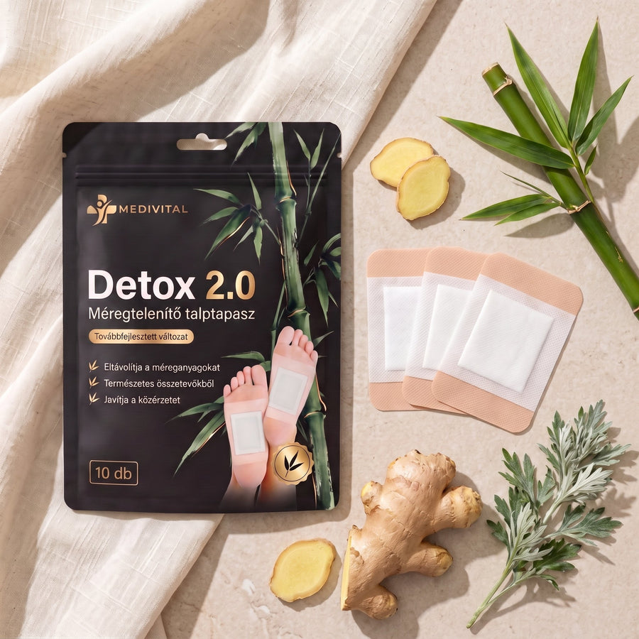 Detox 2.0 csomag kibontott tapaszokkal, gyömbérrel, ürömmel és bambusszal