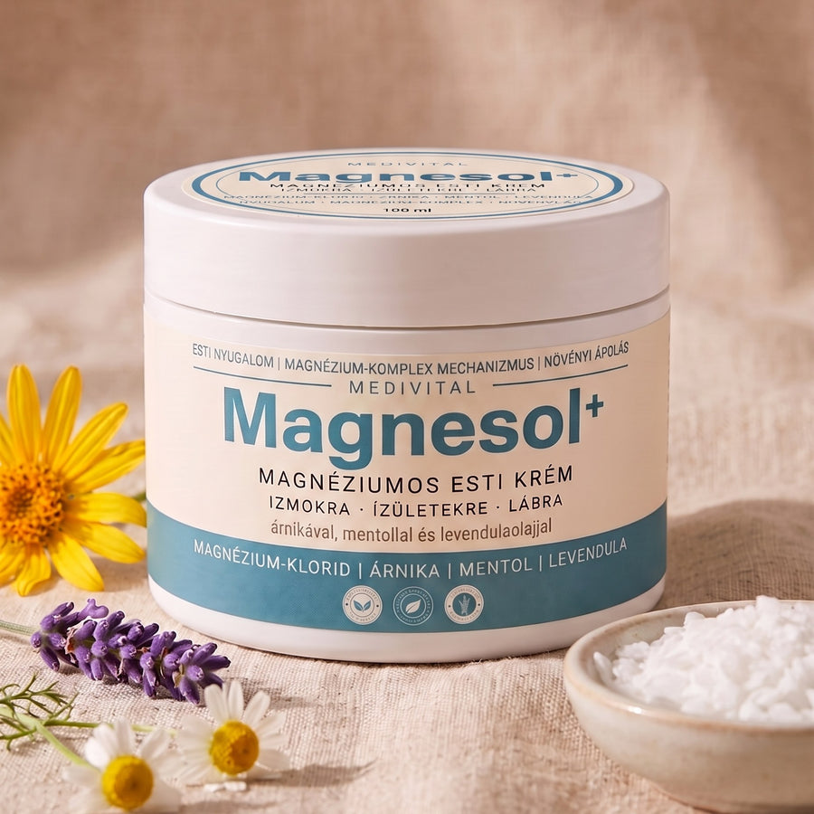 Magnesol+ tégely lenvásznon árnikavirággal, levendulával, kamillával és egy tál magnézium-klorid pehellyel